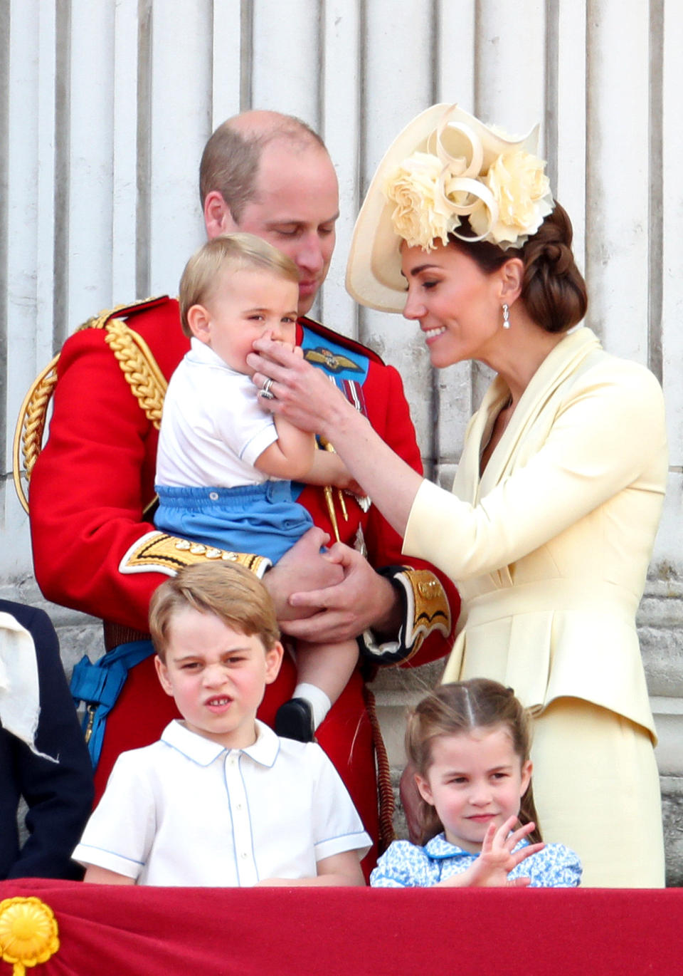 LONDON, ENGLAND - JUNE 08: Prince Louis, Prince George, Prince William, Duke of Cambridge, Princess Charlotte and Catherine, Duchess of Cambridge during Trooping The Colour, the Queen's annual birthday parade, on June 08, 2019 in London, England. (Photo by Chris Jackson/Getty Images)