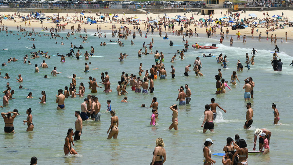 Large crowd of people at Bondi Beach during the heatwave. 