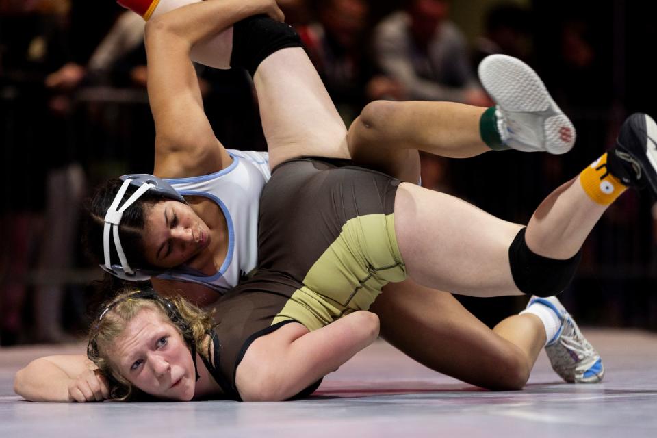 Westlake’s Celeste Detoles and Davis’s Jessica Mangelson compete in the 6A Girls Wrestling State Championships at the UCCU Center in Orem on Thursday, Feb. 15, 2024. | Marielle Scott, Deseret News