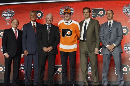 June 23, 2017; Chicago, IL, USA; Nolan Patrick poses for photos after being selected as the number two overall pick to the Philadelphia Flyers in the first round of the 2017 NHL Draft at the United Center. Mandatory Credit: David Banks-USA TODAY Sports