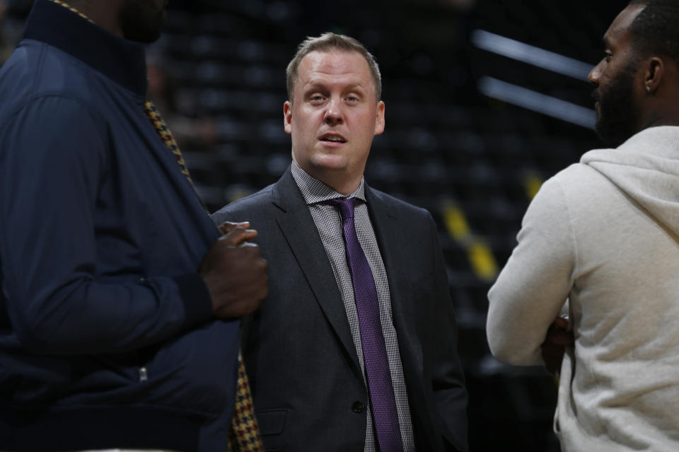 Denver Nuggets general manager Tim Connelly in the first half of an NBA basketball game Tuesday, Dec. 8, 2015, in Denver. (AP Photo/David Zalubowski)