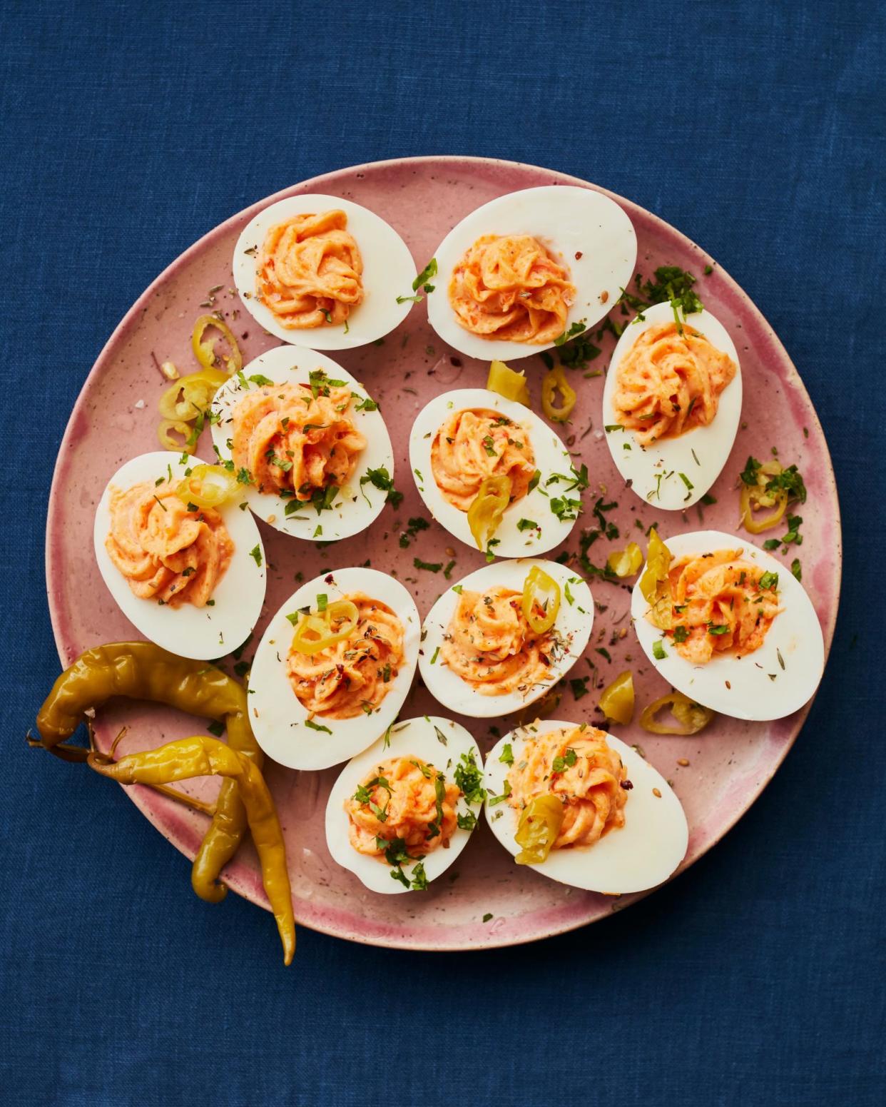 <span>Ravinder Bhogal’s devilled eggs with tahini and za’atar.</span><span>Photograph: Laura Edwards/The Guardian. Food and prop styling: Kitty Coles. Food assistant: Clare Cole.</span>