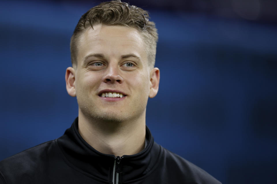 Quarterback Joe Burrow of LSU looks on during NFL Scouting Combine at Lucas Oil Stadium 