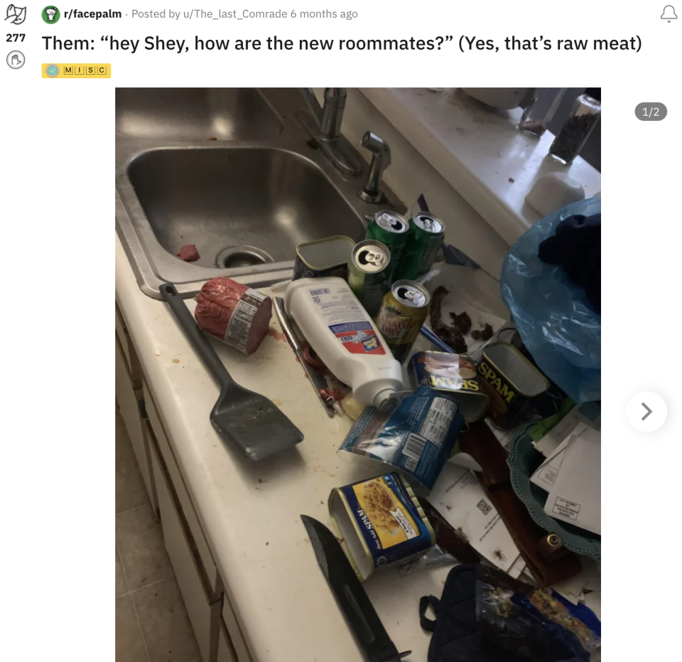 A covered kitchen counter with raw meat sitting open by the sink