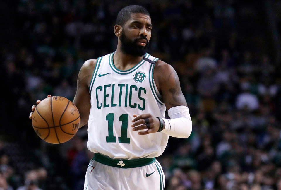 Kyrie Irving is a basketball player, but the Walmart yodeling kid wants Kyrie to sing a Hank Williams Sr. duet with him. (AP Photo/Charles Krupa)