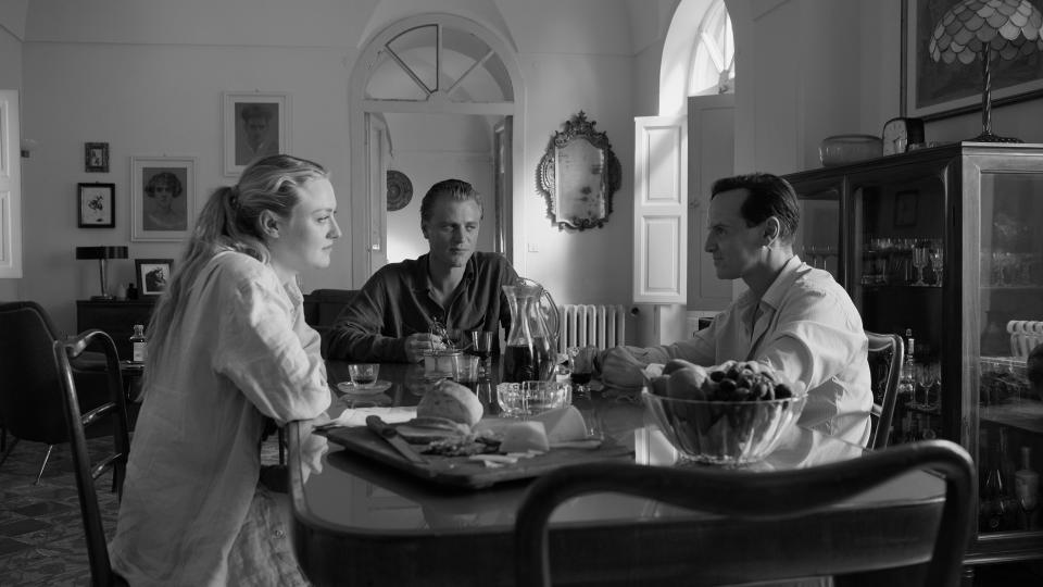 Marge (Dakota Fanning), Dickie (Johnny Flynn), and Ripley (Andrew Scott) at Dickie’s idyllic villa.