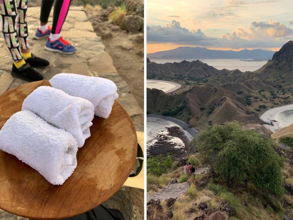 Side by side images of rolled white towels and the view of an island at the top of a hike.