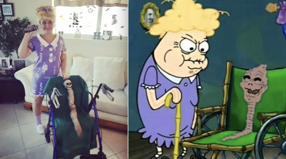 A woman dressed as Chocolate Lady from "SpongeBob," pushing her "mom" (a limbless skeleton) in a wheelchair