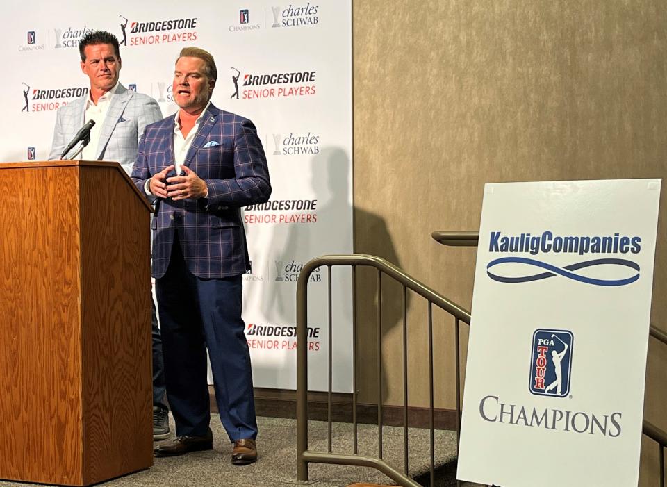 Tim Clepper (right) president and CEO of Kaulig Companies, speaks during a press conference at Firestone Country Club Wednesday, June 15, 2022 as Matt Kaulig, Executive Chairman, looks on. Kaulig Companies announced its four-year deal to become the title sponsor of the PGA Tour Champions' Senior Players Championship.