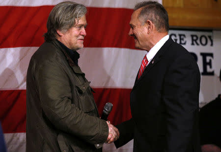 Republican candidate for U.S. Senate Judge Roy Moore and former White House Chief Strategist Steve Bannon shake hands during a campaign event in Fairhope, Alabama, U.S., December 5, 2017. REUTERS/Jonathan Bachman