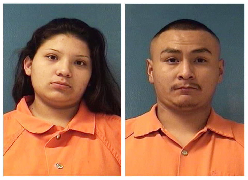 This combination of Saturday, Dec. 8, 2018 booking photos providing by McKinley County Adult Detention Center shows Shayanne Nelson, left, and Tyrell Bitsilly, right. Nelson's 8-month-old girl is fighting for her life after police say her 3-year-old brother accidentally shot her in the face Saturday in a Gallup, N.M., motel room while Nelson and her boyfriend Bitsilly were in a shower. Nelson and Bitsilly face child abuse charges. (McKinley County Adult Detention Center via AP)