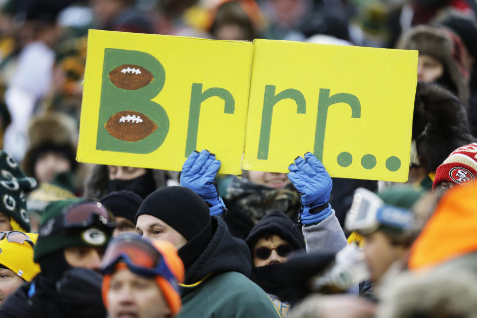 FILE - In this Jan. 5, 2014 file photo, a fan holds up a weather-related sign during the first half of an NFL wild-card playoff football game between the Green Bay Packers and the San Francisco 49ers, in Green Bay, Wis. Fox Sports will use this weekend's NFC title game in Seattle between the San Francisco 49ers and the Seahawks to test an infrared camera that will show how players' body temperatures change throughout the game. (AP Photo/Jeffrey Phelps, File)