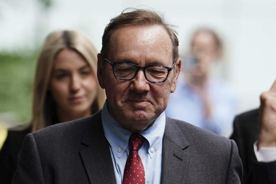 Actor Kevin Spacey leaves Southwark Crown Court, London, where he is charged with three counts of indecent assault, seven counts of sexual assault, one count of causing a person to engage in sexual activity without consent and one count of causing a person to engage in penetrative sexual activity without consent between 2001 and 2005, Monday July 3, 2023. (Jordan Pettitt/PA via AP)