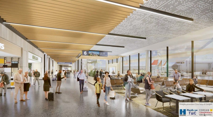 This rendering shows the interior of the new terminal of the Hollywood Burbank Airport. (Hollywood Burbank Airport, courtesy of Corgan)