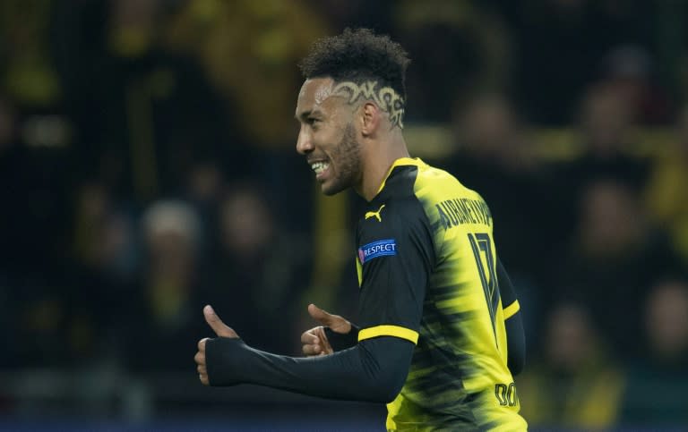 Dortmund's forward Pierre-Emerick Aubameyang celebrates scoring the opening goal during the UEFA Champions League Group H football match against Tottenham Hotspur November 21, 2017