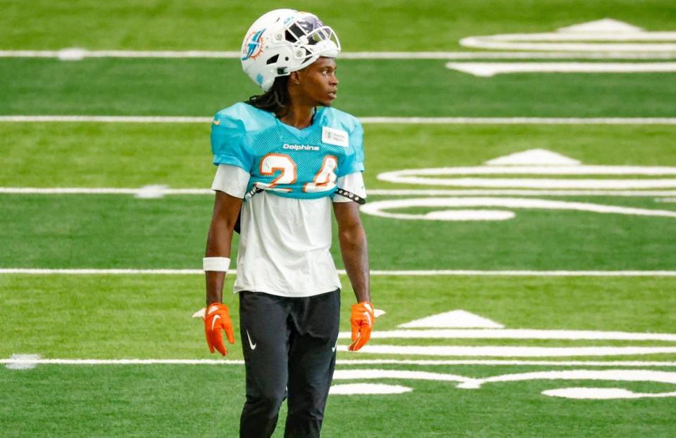 Miami Dolphins cornerback Cam Smith (24) walks between drills at the Baptist Health Training Complex in Miami Gardens, Florida on Thursday, September 7, 2023.