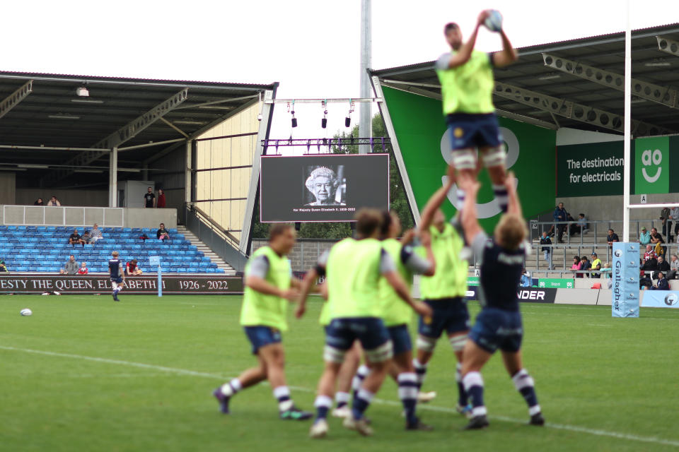 Premiership Rugby match between Sale Sharks and Northampton Saints in Salford, England, continued on 11 September, three days after the death of Queen Elizabeth II.