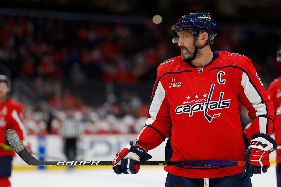 Capitals left wing Alex Ovechkin stands on the ice against the Red Wings in the first period of the exhibition on Thursday, Sept. 28, 2023, in Washington.