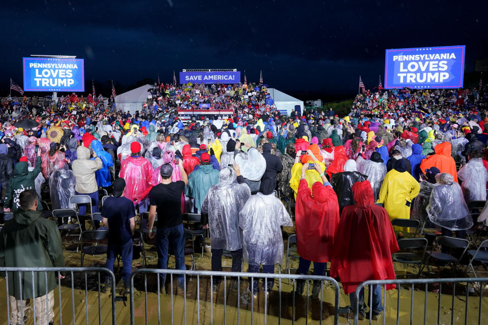 Former President Donald Trump speaks at a campaign rally for Ohio Senate candidate JD Vance and Pennsylvania Senate candidate Mehmet Oz in Greensburg, Pa., Friday, May 6, 2022. (AP Photo/Gene J. Puskar)