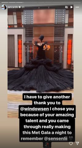 <p>Cardi B/Instagram</p> Cardi B thanks her Met Gala dress designer