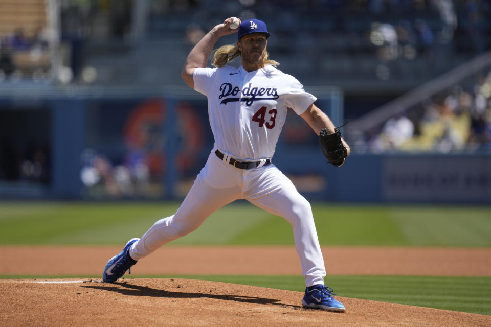 Los Angeles Dodgers starting pitcher Noah Syndergaard (43) throws during the first inning of a baseball game against the New York Mets in Los Angeles, Wednesday, April 19, 2023. (AP Photo/Ashley Landis)