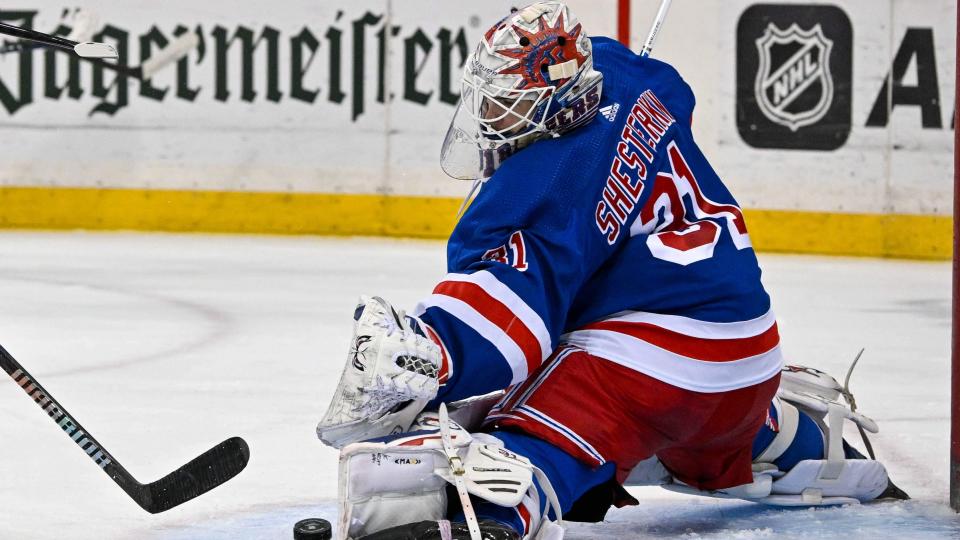 New York Rangers goaltender Igor Shesterkin (31) makes a save on New York Islanders defenseman Robert Bortuzzo (41) during the third period at Madison Square Garden