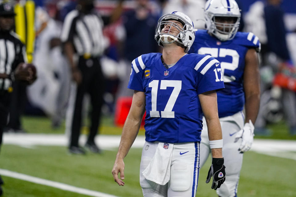 Indianapolis Colts quarterback Philip Rivers (17) reacts after throwing an incomplete pass against the Tennessee Titans in the second half of an NFL football game in Indianapolis, Sunday, Nov. 29, 2020. (AP Photo/Darron Cummings)