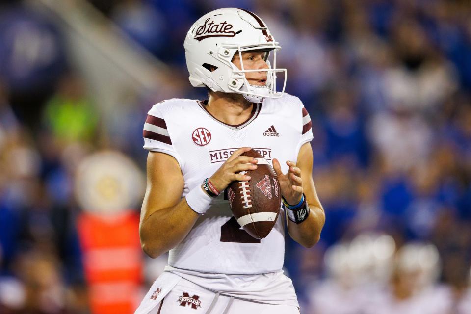 Oct 15, 2022; Lexington, Kentucky, USA; Mississippi State Bulldogs quarterback Will Rogers (2) looks to pass during the first quarter against the Kentucky Wildcats at Kroger Field. Mandatory Credit: Jordan Prather-USA TODAY Sports