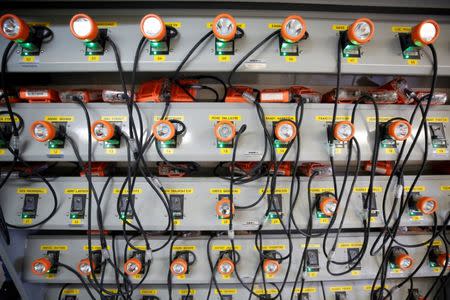 Helmet lights are seen at Goldcorp Inc's Borden all-electric gold mine near Chapleau, Ontario, Canada, June 13, 2018. REUTERS/Chris Wattie