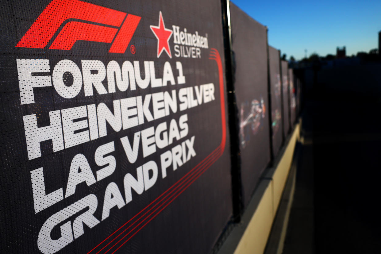 LAS VEGAS, NEVADA - NOVEMBER 09: A general view of track branding prior to the F1 Grand Prix of Las Vegas at  on November 09, 2023 in Las Vegas, Nevada. (Photo by Dan Istitene - Formula 1/Formula 1 via Getty Images)