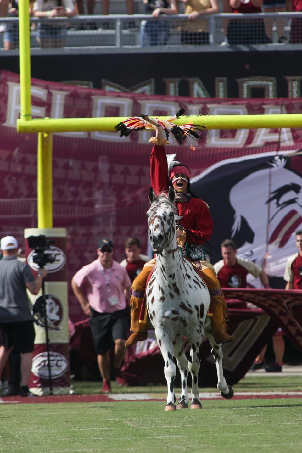 FSU's Chief Osceola and Renegade enter the field before FSU's homecoming game against Wake Forest at Doak S. Campbell Stadium Saturday, Oct. 20, 2018. 