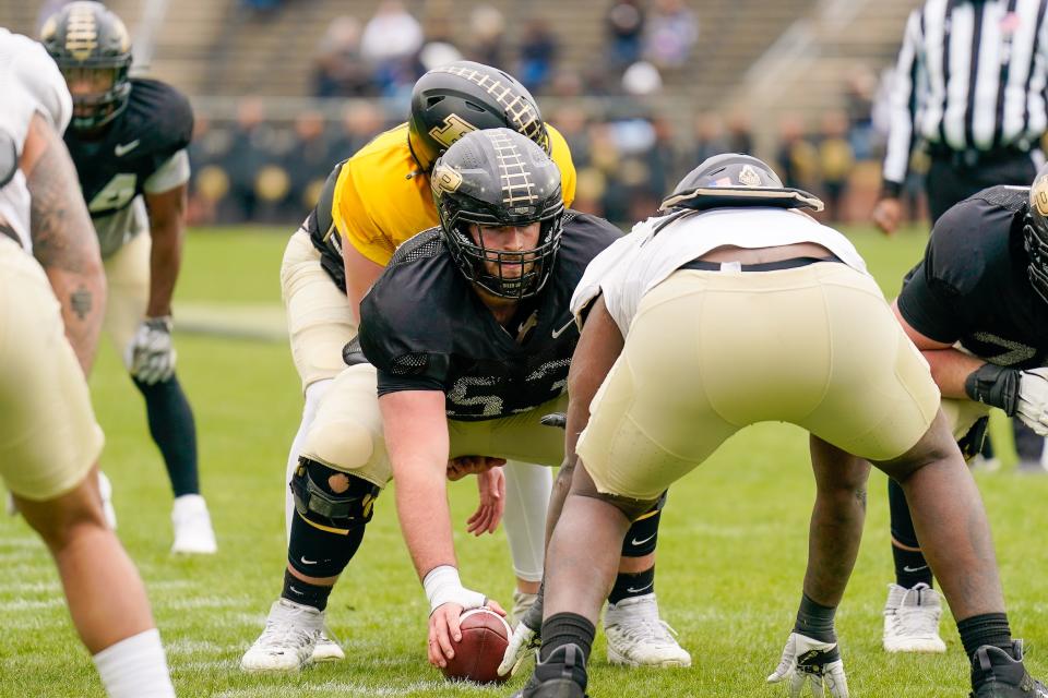 Purdue center Gus Hartwig (53) gets ready to snap the ball during the spring game, Saturday, April 9, 2022 at Ross-Ade Stadium in West Lafayette.