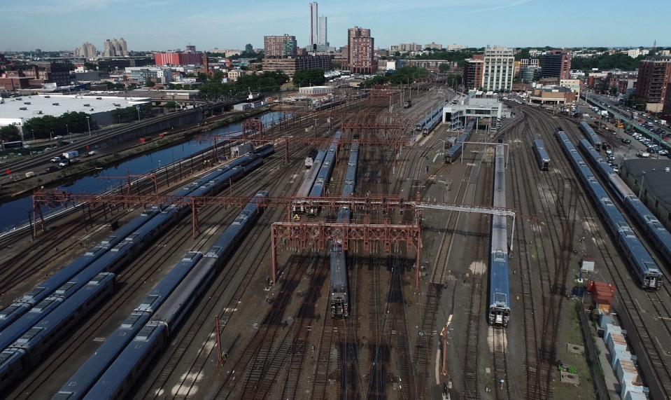 Drone image of a NJ Transit train pulling into Hoboken Terminal on Thursday, June 25, 2020, in Hoboken. Gov. Phil Murphy announced Wednesday that full NJ Transit train and light rail service will resume on July 6.