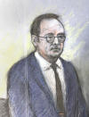 This is a court artist sketch by Elizabeth Cook of actor Kevin Spacey, in the dock at Westminster Magistrates Court in London, Thursday, June 16, 2022, after being charged with sexual offences against three men. Kevin Spacey's lawyer has told a London court that the actor “strenuously denies” allegations of sexual assault. Spacey appeared at Westminster Magistrates' Court on Thursday to face charges of crimes against three men. (Elizabeth Cook/PA via AP)