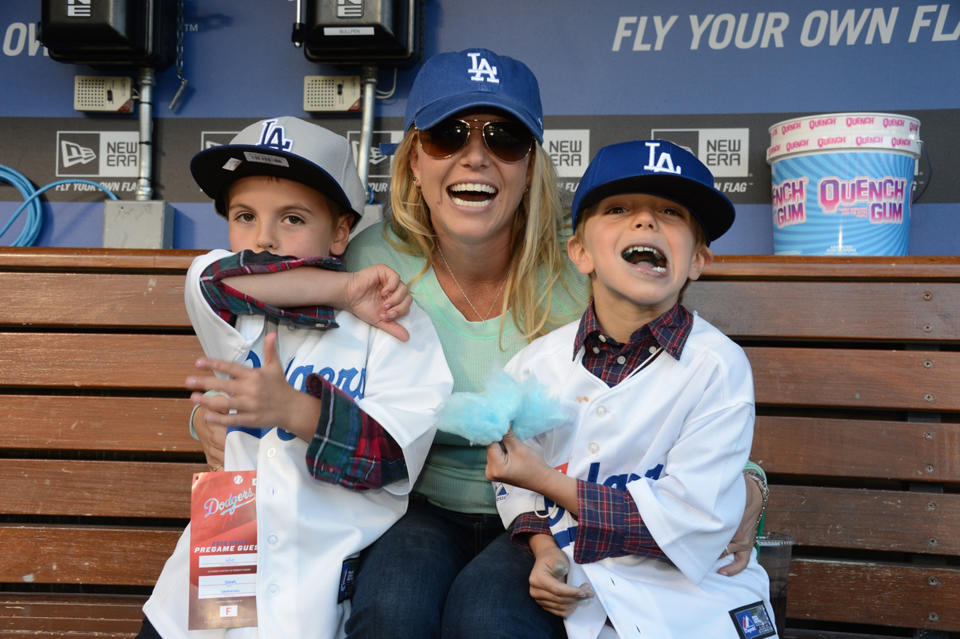 In this handout photo provided by the LA Dodgers, Britney Spears poses with sons Sean Preston Federline and Jayden James Federline during a game against the San Diego Padres at Dodger Stadium on April 17, 2013 in Los Angeles, California