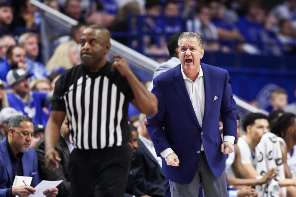 Kentucky head coach John Calipari yells at a referee after a call in Wednesday’s game against Vanderbilt. UK has won four straight games for the first time since early January. Silas Walker/swalker@herald-leader.com
