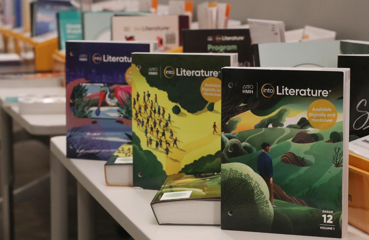 The 10th, 11th and 12th grade literature books from Akron Public Schools' proposed new English and reading curriculums for grades K-12 are on display at the APS Administration Building.