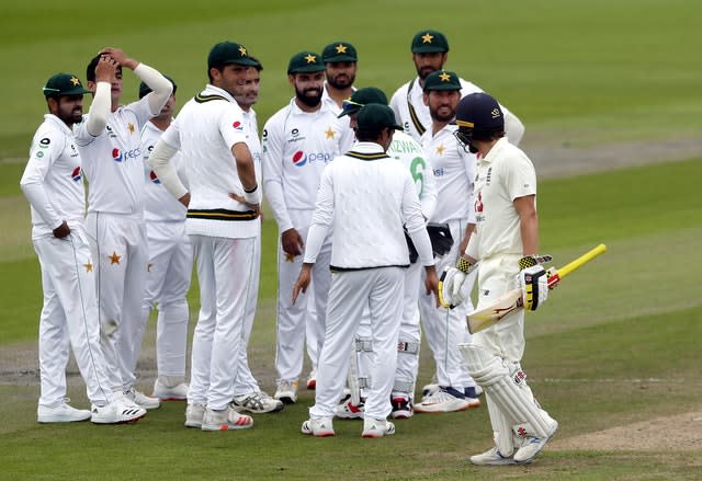 Rory Burns makes his way off the pitch after being dismissed by Pakistan’s Mohammad Abbas 