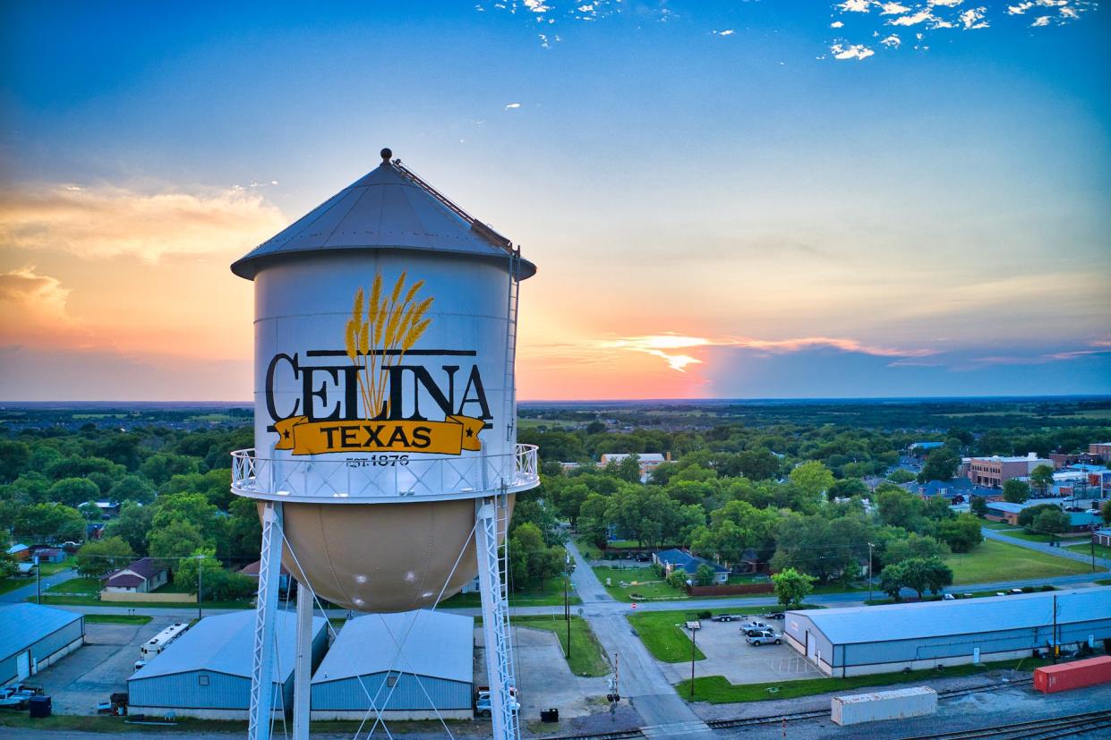 The water tower of Celina, a small Texas town in Collin County that is about 41 miles north of Dallas.