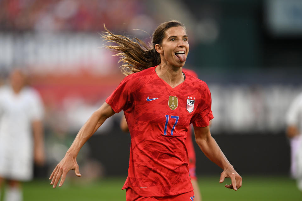 ST. LOUIS, MO - MAY 16: Tobin Heath #17 of the United States  celebrates scoring during an international friendly between the women's national teams of the United States and New Zealand on May 16, 2019 at Busch Stadium in St. Louis, Missouri. (Photo by Brad Smith/isiphotos/Getty Images)