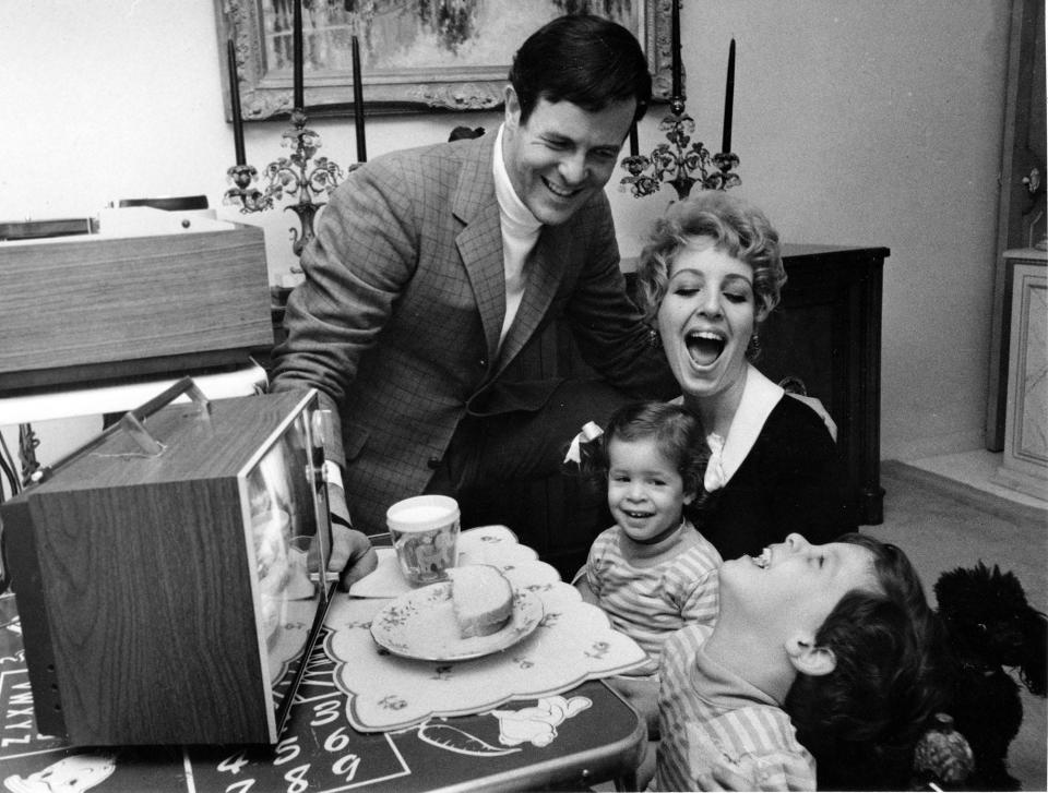 Popular New York deejay Bruce Morrow, aka Cousin Brucie, of WABC radio enjoys time at home in Brooklyn with his wife Susie and their children, Dana and Paige on May 7, 1968.