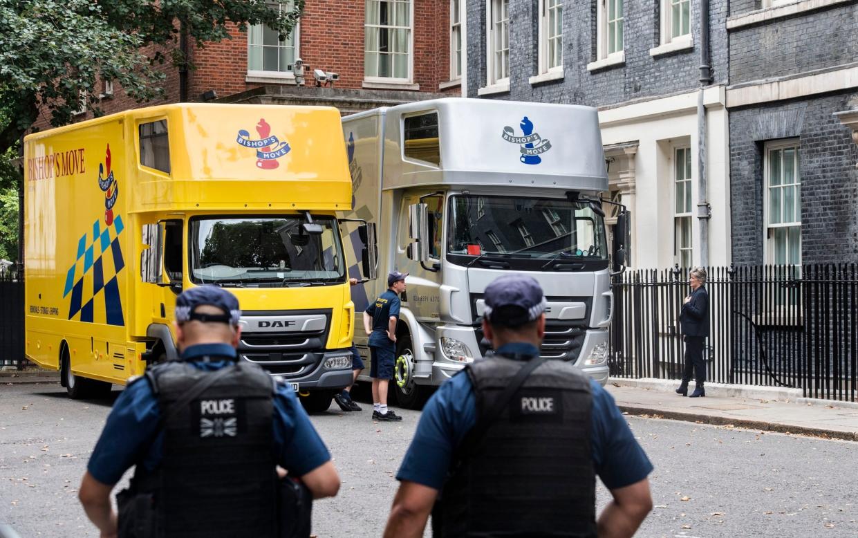 Removal vehicles in Downing Street as Boris Johnson moves out of the flat above No 11 - Julian Simmonds for The Telegraph