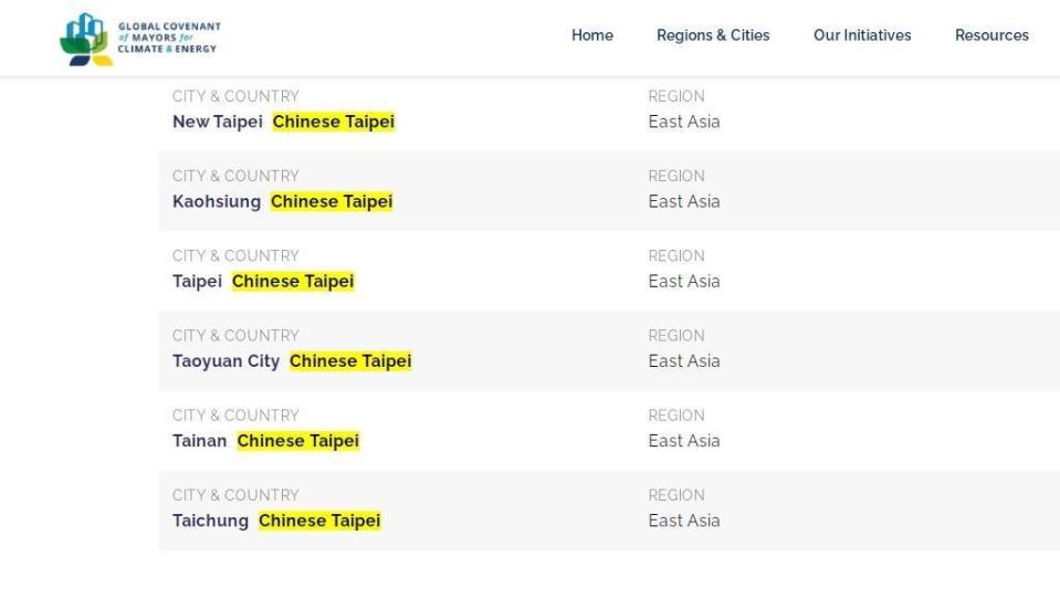 市長聯盟已將我6都城市的國籍更正為中華台北。（翻攝自市長聯盟網站）