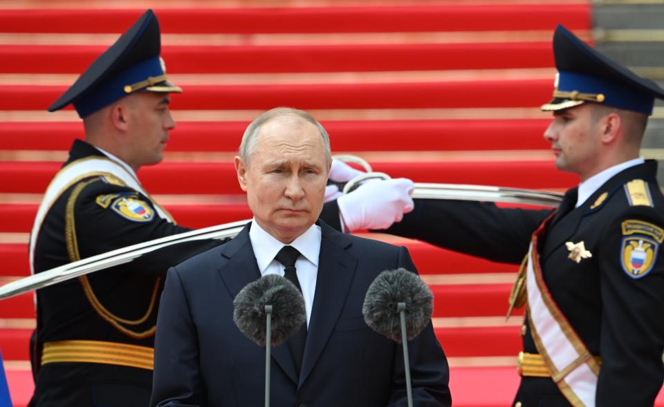 FILE - Russian President Vladimir Putin addresses members of the Defense Ministry, the National Guard, the Interior Ministry, the Federal Security Service and the Federal Guard Service at the Kremlin, in Moscow on June 27, 2023. Putin will begins his fifth term as Russian president in an opulent Kremlin inauguration on Tuesday after destroying his political opposition, launching a devastating war in Ukraine and consolidating power. (Sergei Guneyev, Sputnik, Kremlin Pool Photo via AP, File)