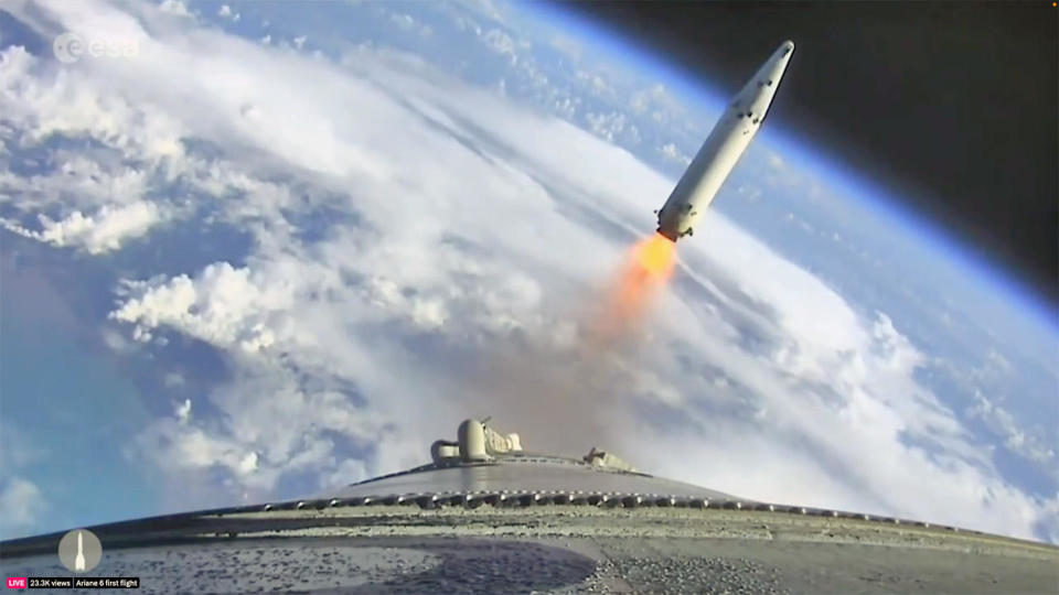 A camera on the side of Ariane 6 captured dramatic footage of a strap-on booster falling away after helping launch the rocket out of the dense lower atmosphere. 9 July 2024. / Credit: ESA webcast