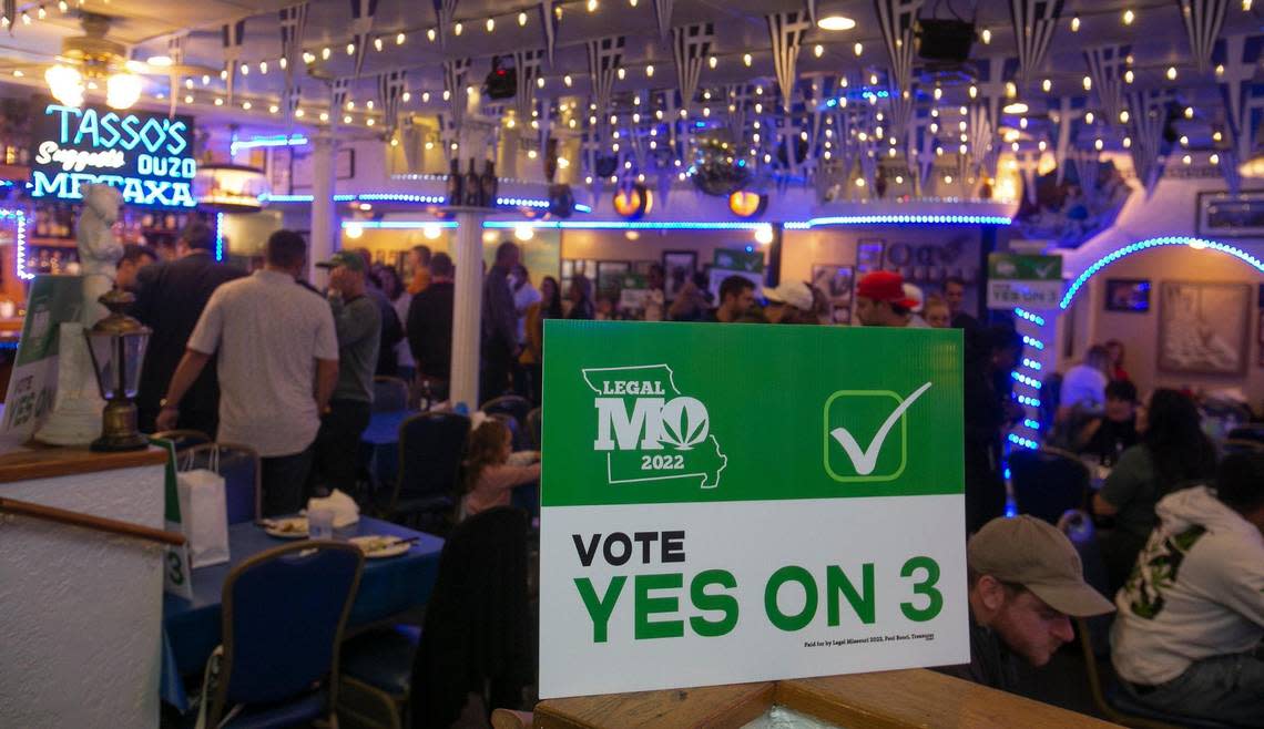 Supporters of legal recreational marijuana in Missouri, gathered at Tasso’s Greek Restaurant, 8411 Wornall Road, Kansas City for a local election night watch party Tuesday, Nov. 8, 2022.