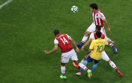 Football Soccer - Brazil v Paraguay - World Cup 2018 Qualifiers - Arena Corinthians stadium, Sao Paulo, Brazil - 28/3/17 - Brazil's Neymar (10) scores his goal. REUTERS/Paulo Whitaker