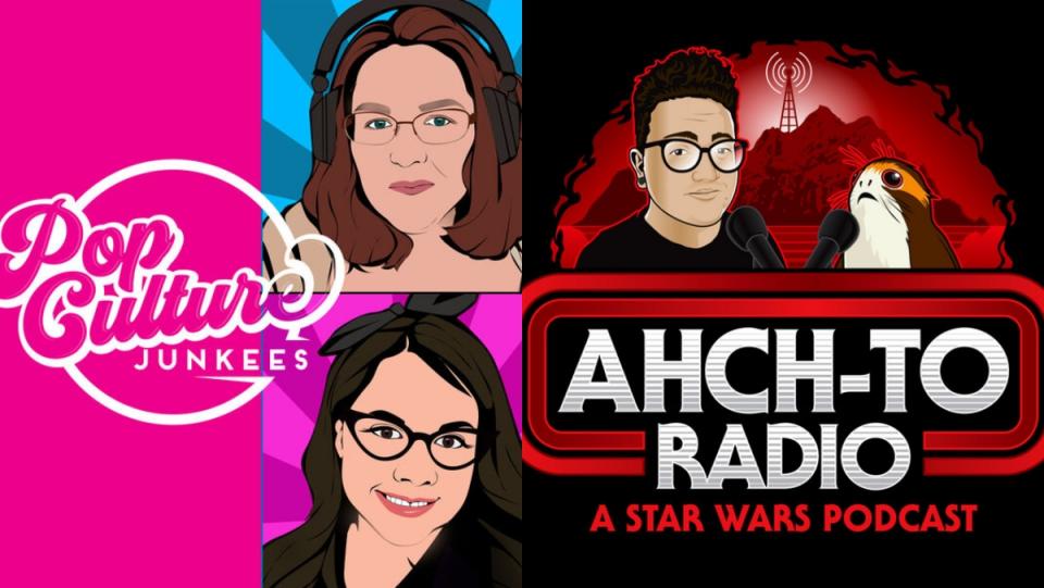 split image of pop culture junkees and ahch to radio podcast logos