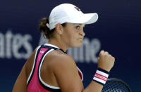 Ashleigh Barty, of Australia, reacts after winning a point against Zarina Diyas, of Kazakhstan, during the first round of the US Open tennis tournament Monday, Aug. 26, 2019, in New York. (AP Photo/Frank Franklin II)