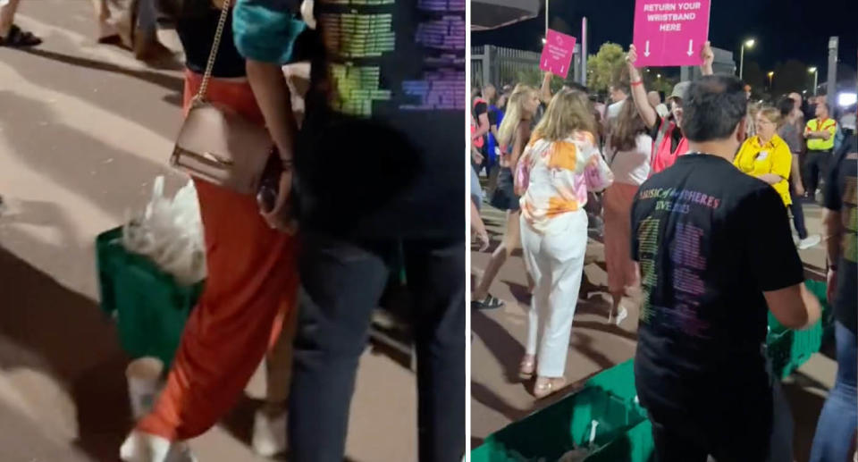 A two photos of Coldplay concertgoers returning their LED wristbands into green buckets at Optus Stadium in Perth. Source: TikTok